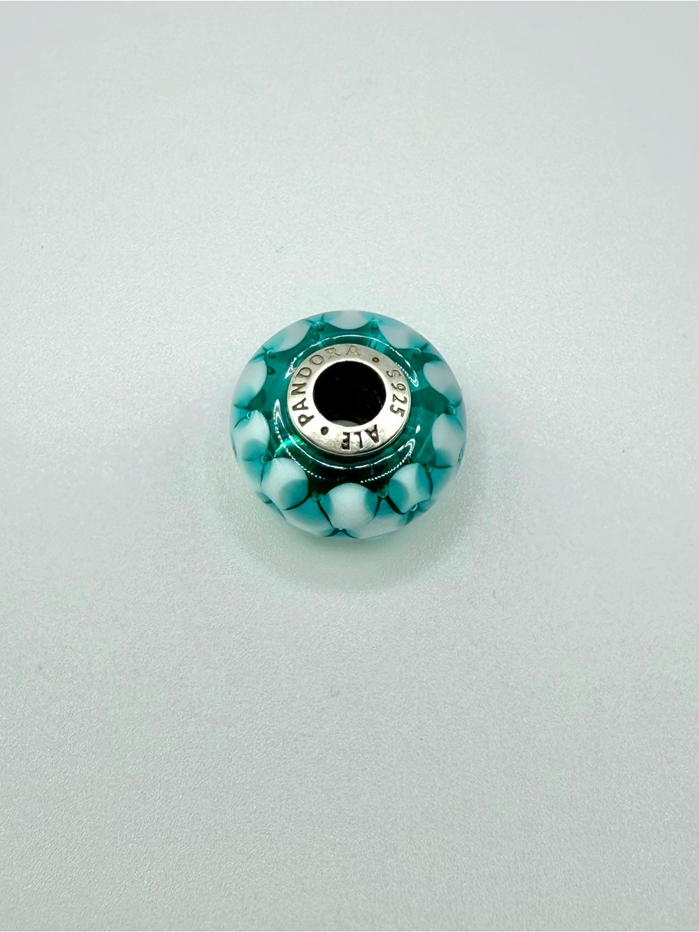 Authentic Pandora 790607 Clear Teal Flowers Murano Glass Charm S925 Retired C002